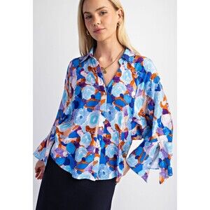 New GIGIO S 4 6 Blue Floral Blooms Hi-Low Hem Button Down Top Open Slit Sleeve